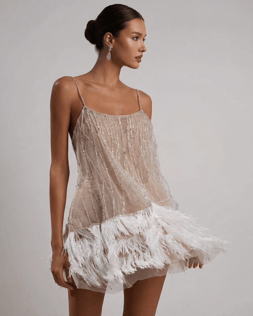 Nude sequin mini dress with white feather hem and open back - view 3