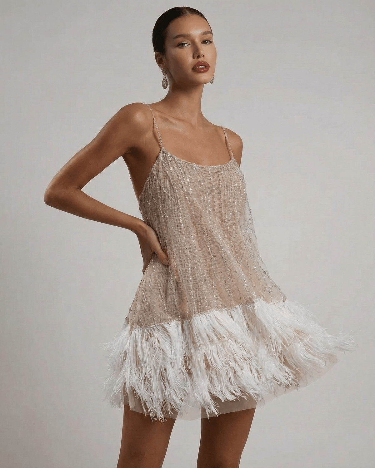 Nude sequin mini dress with white feather hem and open back - view 4