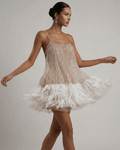 Nude sequin mini dress with white feather hem and open back - view 5