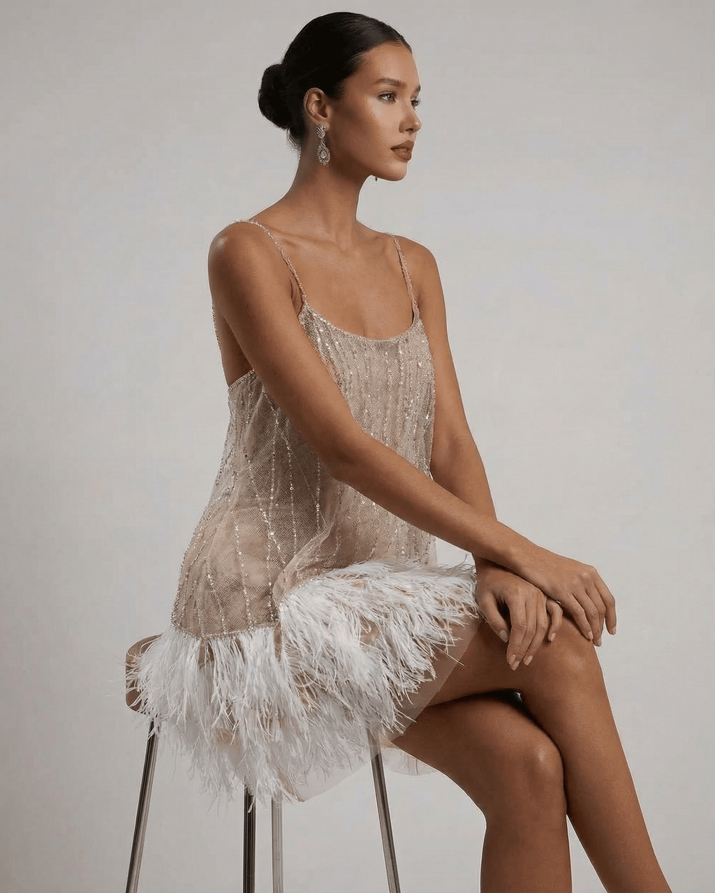 Nude sequin mini dress with white feather hem and open back - view 6