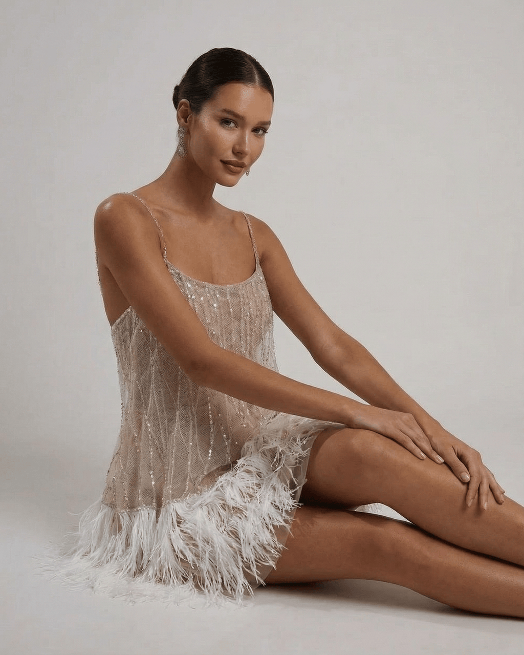 Nude sequin mini dress with white feather hem and open back - view 7