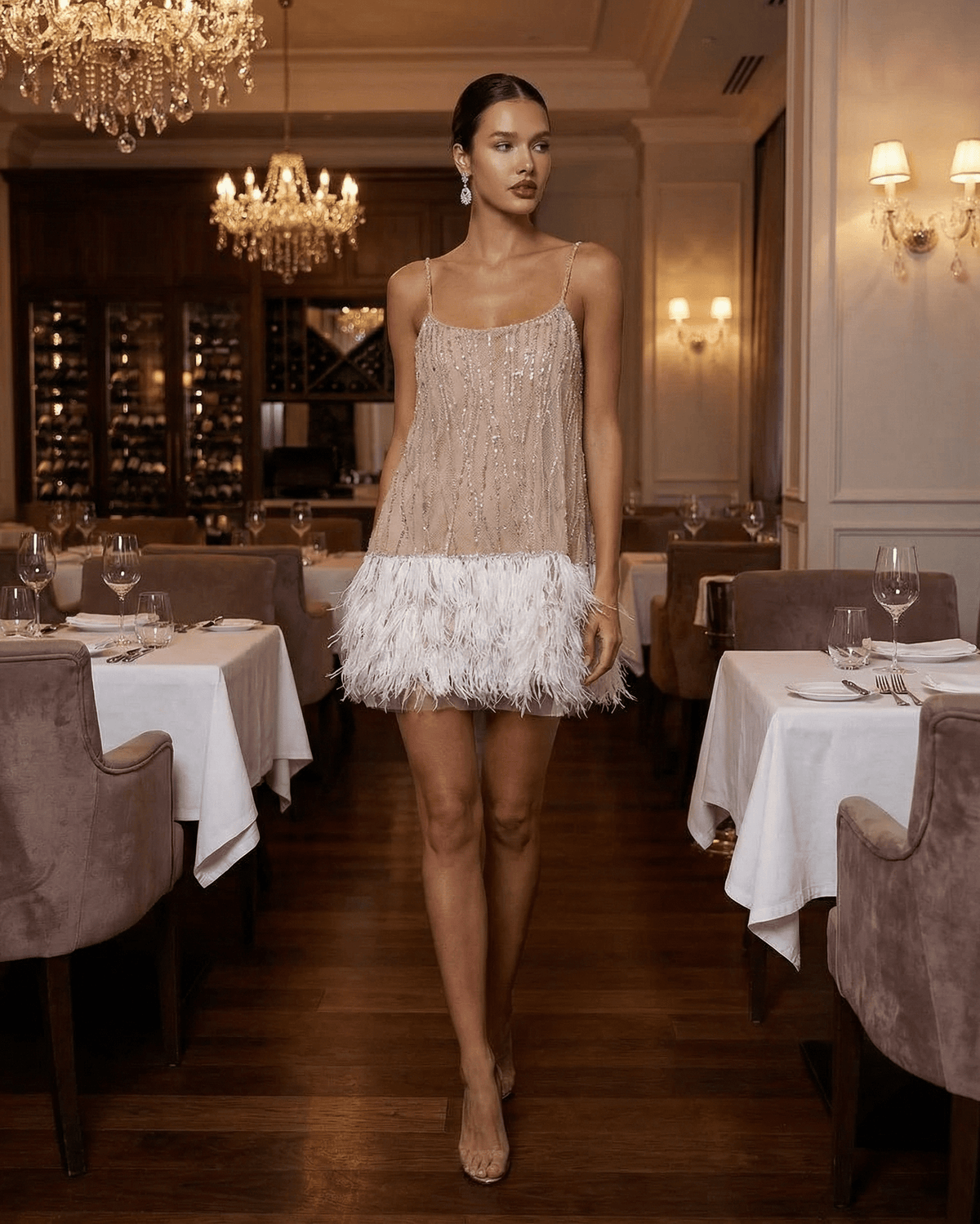 Nude sequin mini dress with white feather hem and open back - view 8