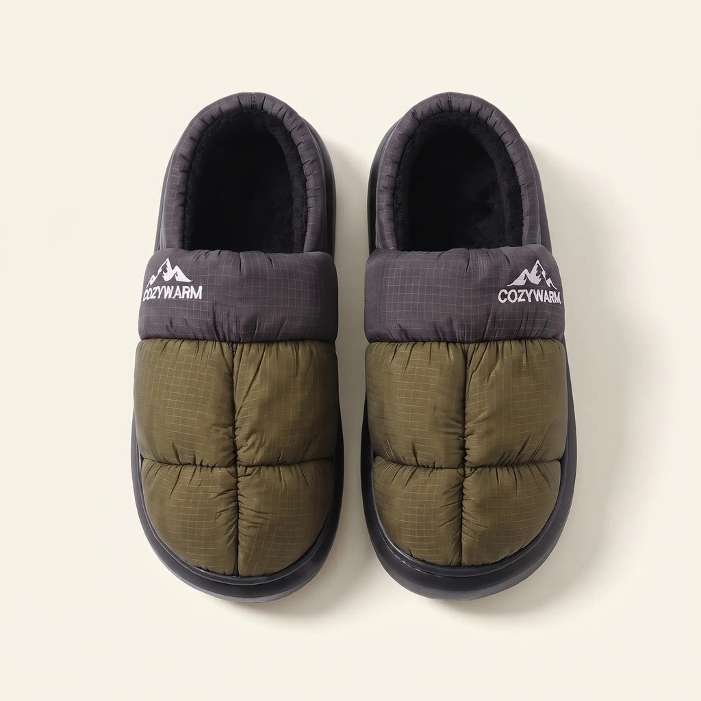 Fleece lined puffer house slippers with quilted upper, closed back and ribbed sole
