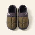 Fleece lined puffer house slippers with quilted upper, closed back and ribbed sole