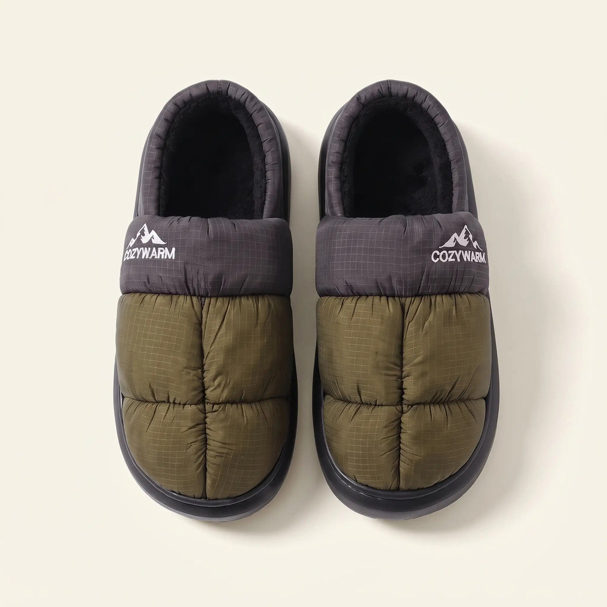 Fleece lined puffer house slippers with quilted upper, closed back and ribbed sole