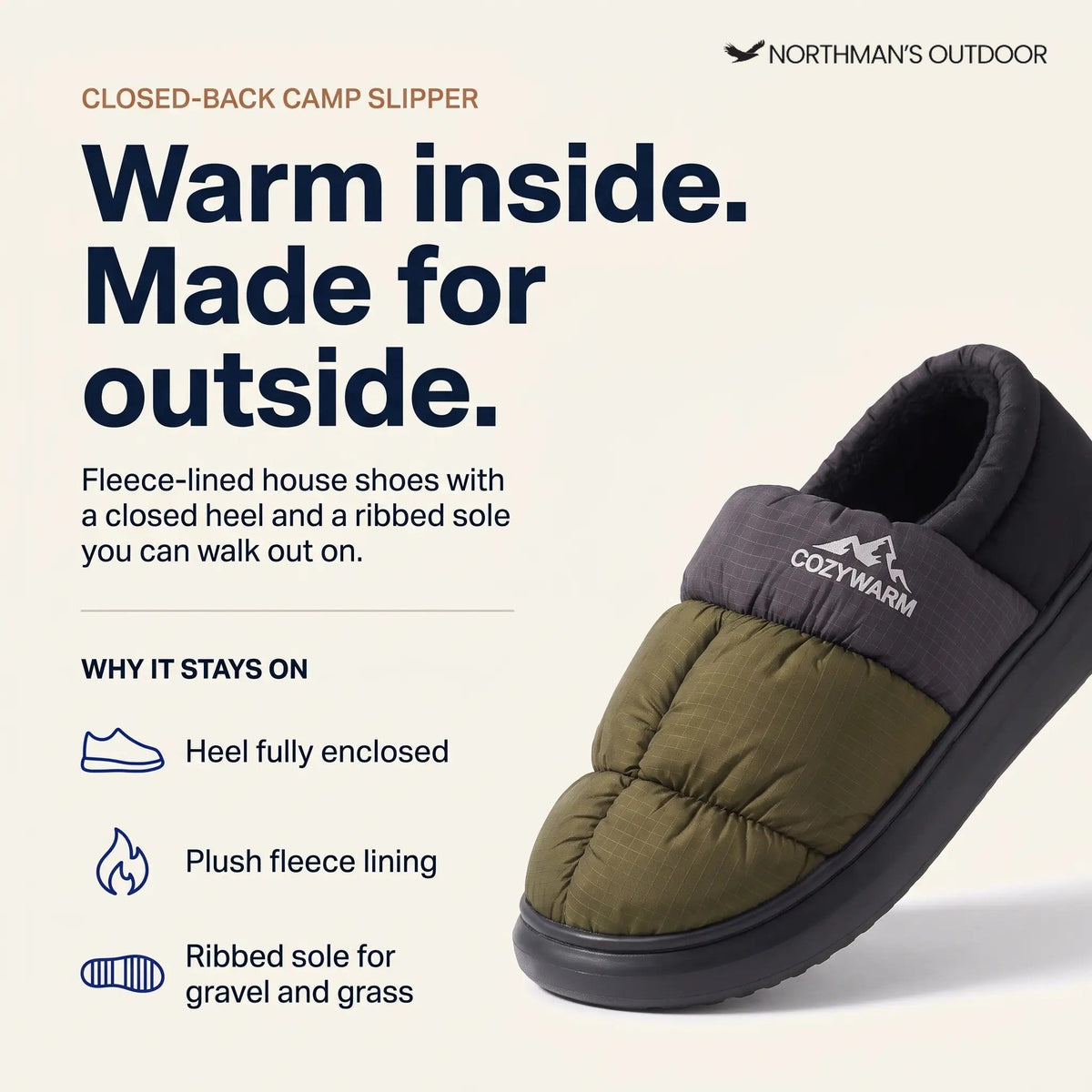 Fleece lined puffer house slippers with quilted upper, closed back and ribbed sole - view 2
