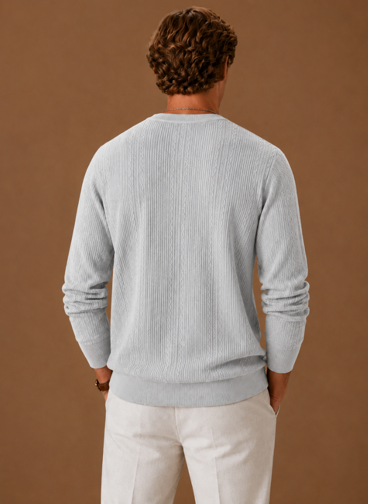 Men's cable knit crew neck jumper, side view
