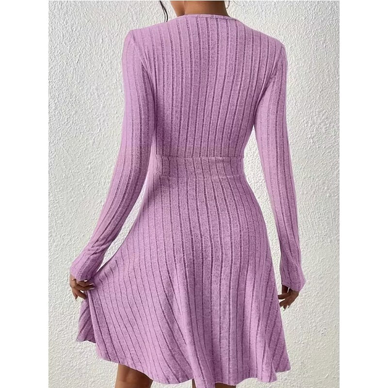 Ribbed knit wrap V-neck long sleeve mini dress with flared A-line skirt - view 2