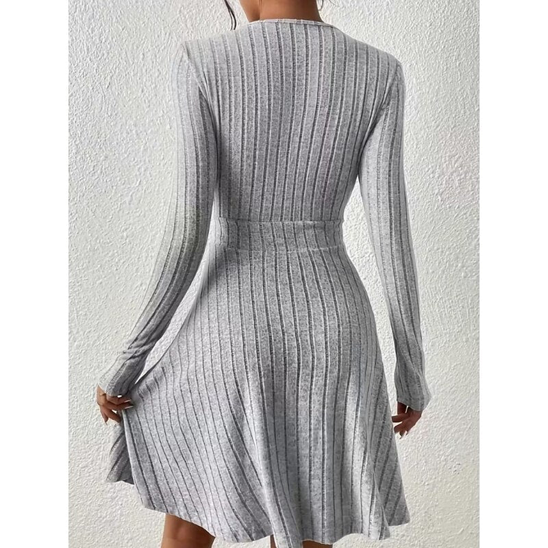 Ribbed knit wrap V-neck long sleeve mini dress with flared A-line skirt - view 4