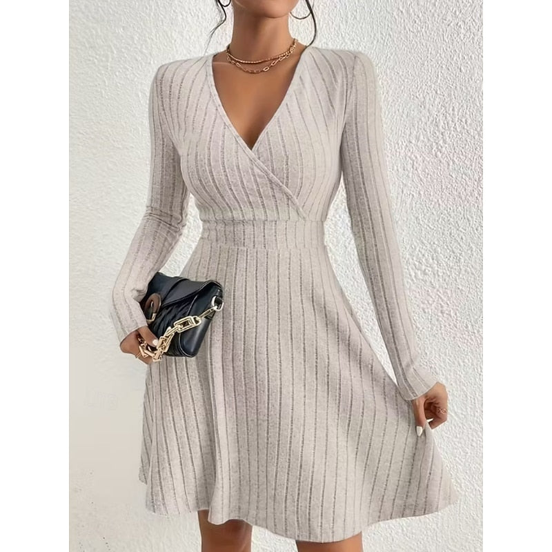 Ribbed knit wrap V-neck long sleeve mini dress with flared A-line skirt - view 5