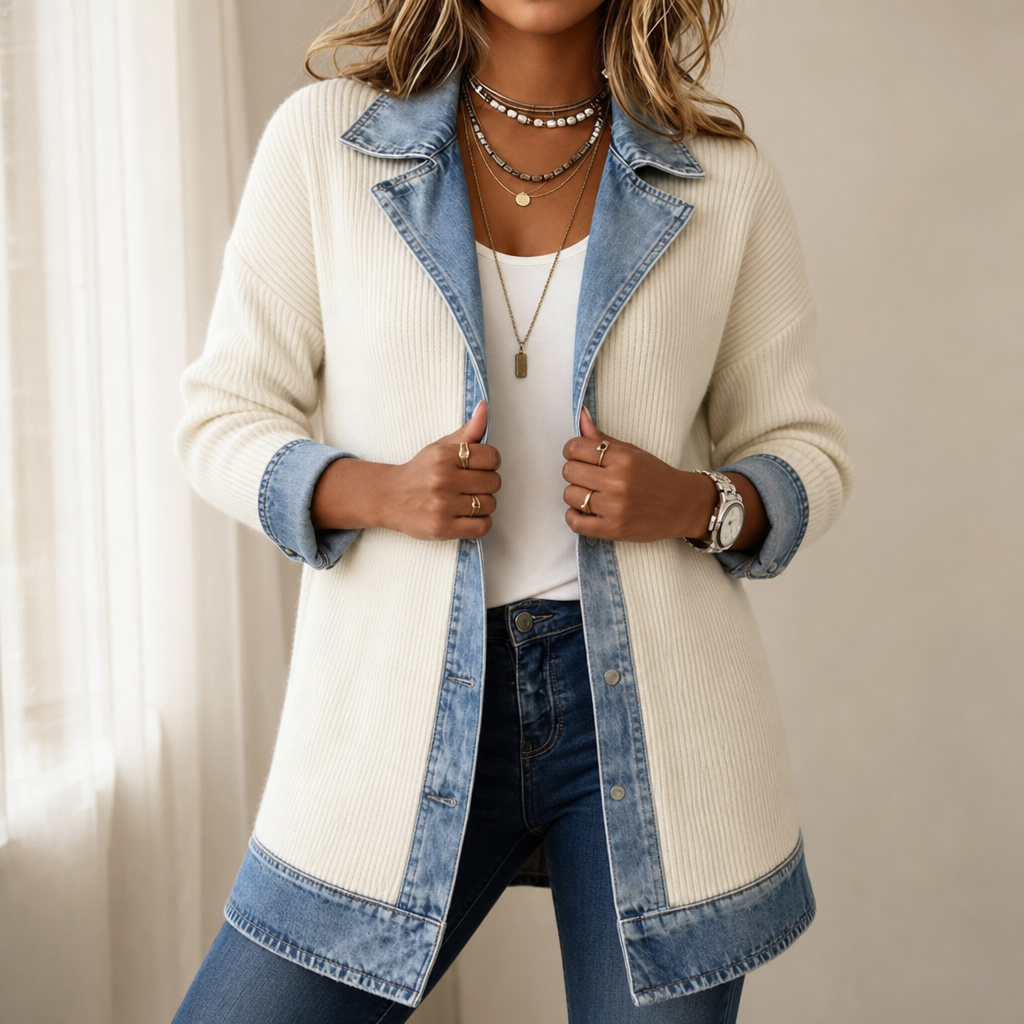 Women's cream sweater coat with blue denim panels
