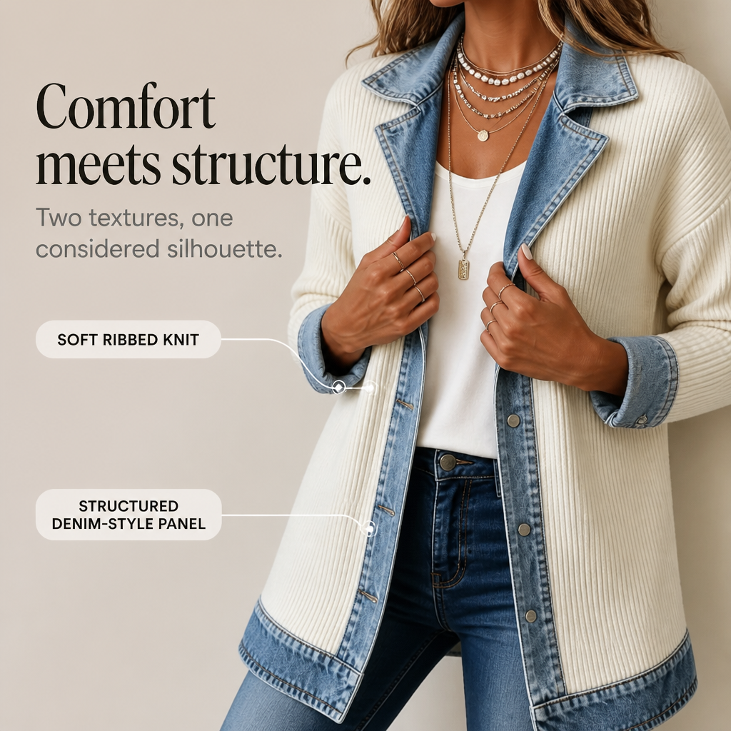 Women's cream sweater coat with blue denim panels - view 5