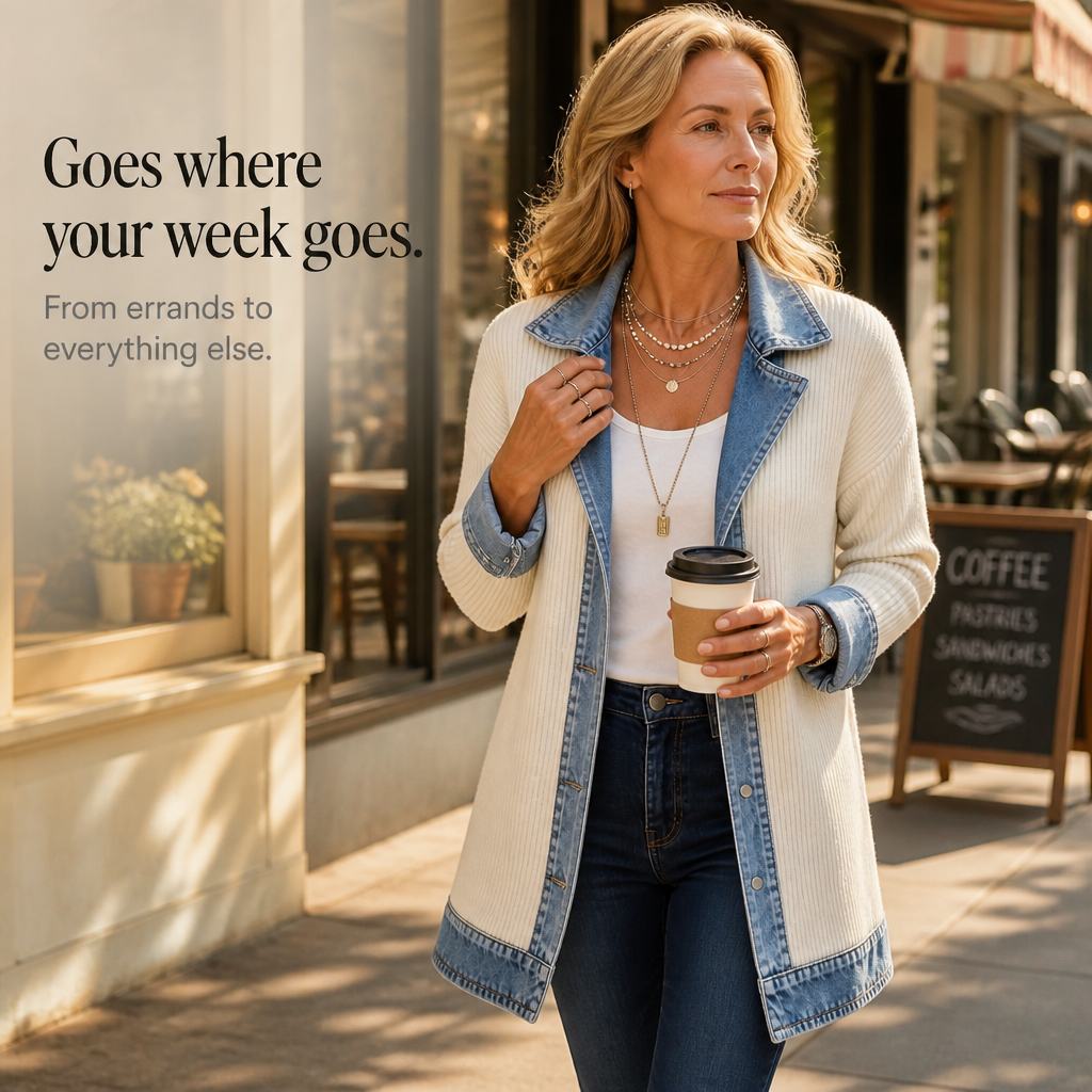 Women's cream sweater coat with blue denim panels - view 6