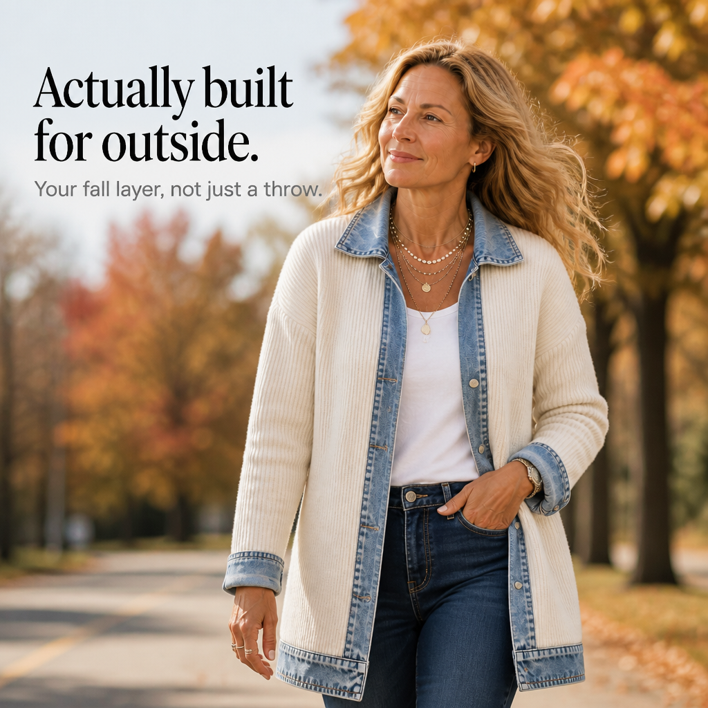 Women's cream sweater coat with blue denim panels - view 9