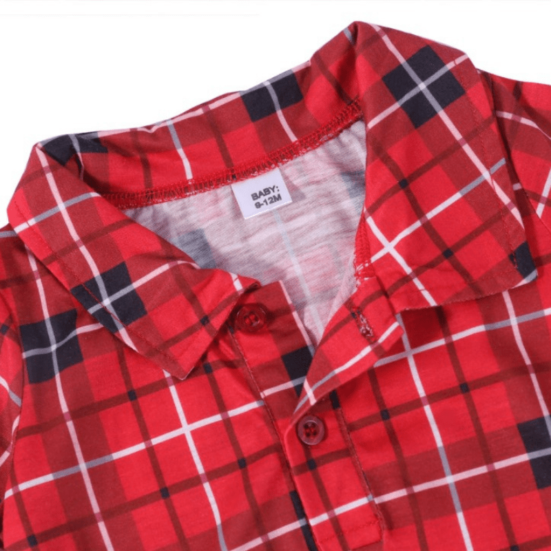 Matching family Christmas pyjamas in red tartan plaid for adults, kids, baby and dog - view 11