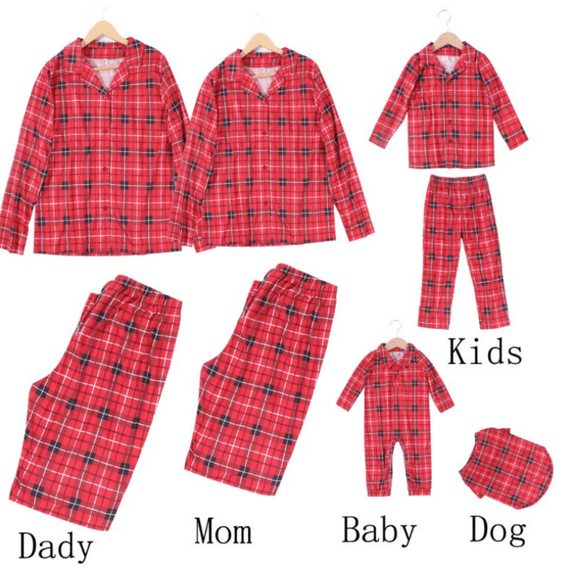 Matching family Christmas pyjamas in red tartan plaid for adults, kids, baby and dog - view 2