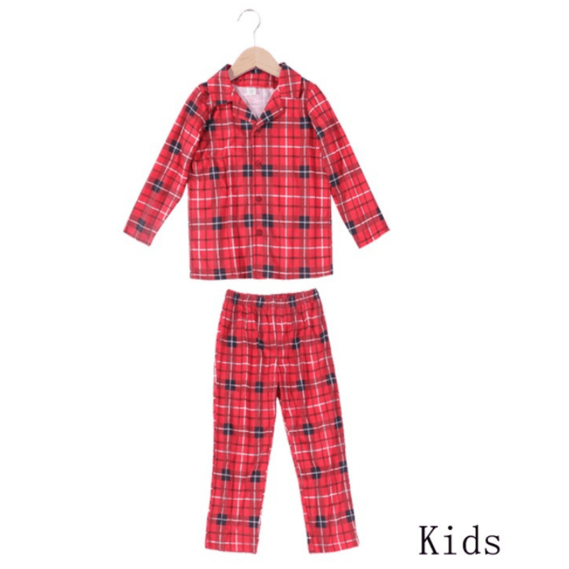 Matching family Christmas pyjamas in red tartan plaid for adults, kids, baby and dog - view 3