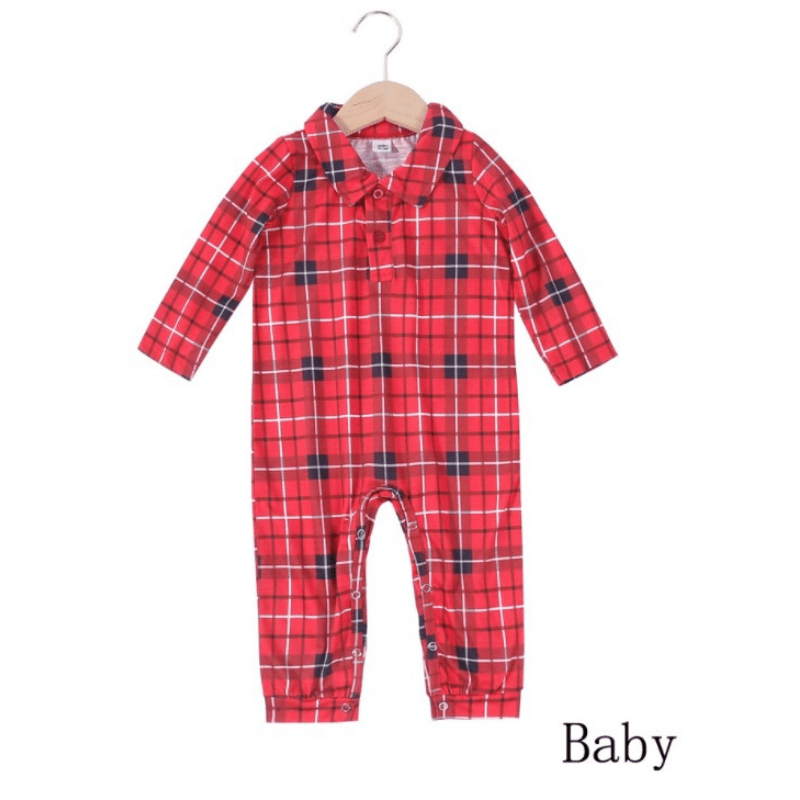 Matching family Christmas pyjamas in red tartan plaid for adults, kids, baby and dog - view 4