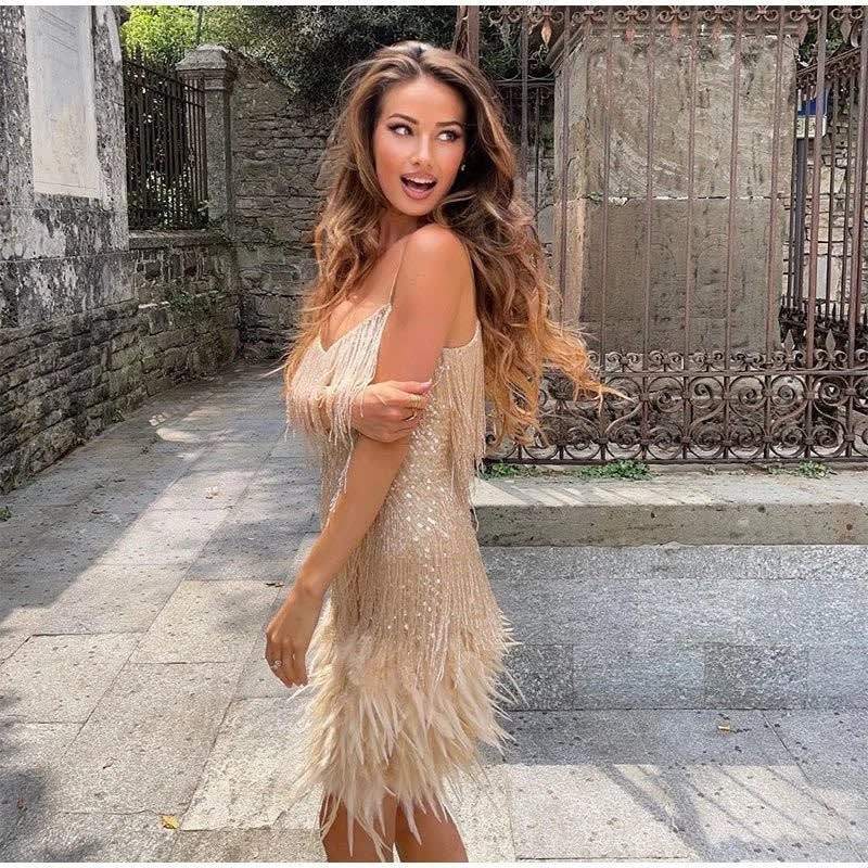 Sequin fringe mini cocktail dress with V-neck, spaghetti straps and feathered hem - view 3