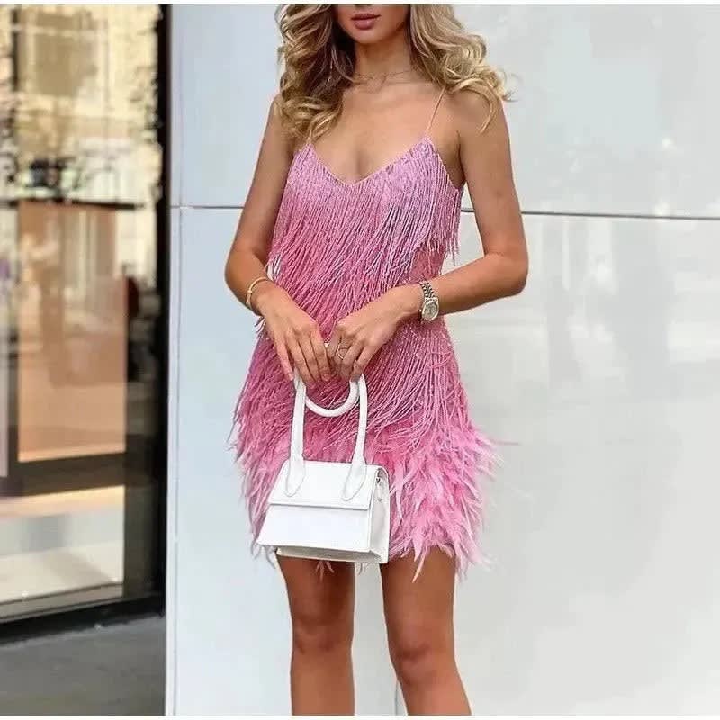 Sequin fringe mini cocktail dress with V-neck, spaghetti straps and feathered hem - view 8