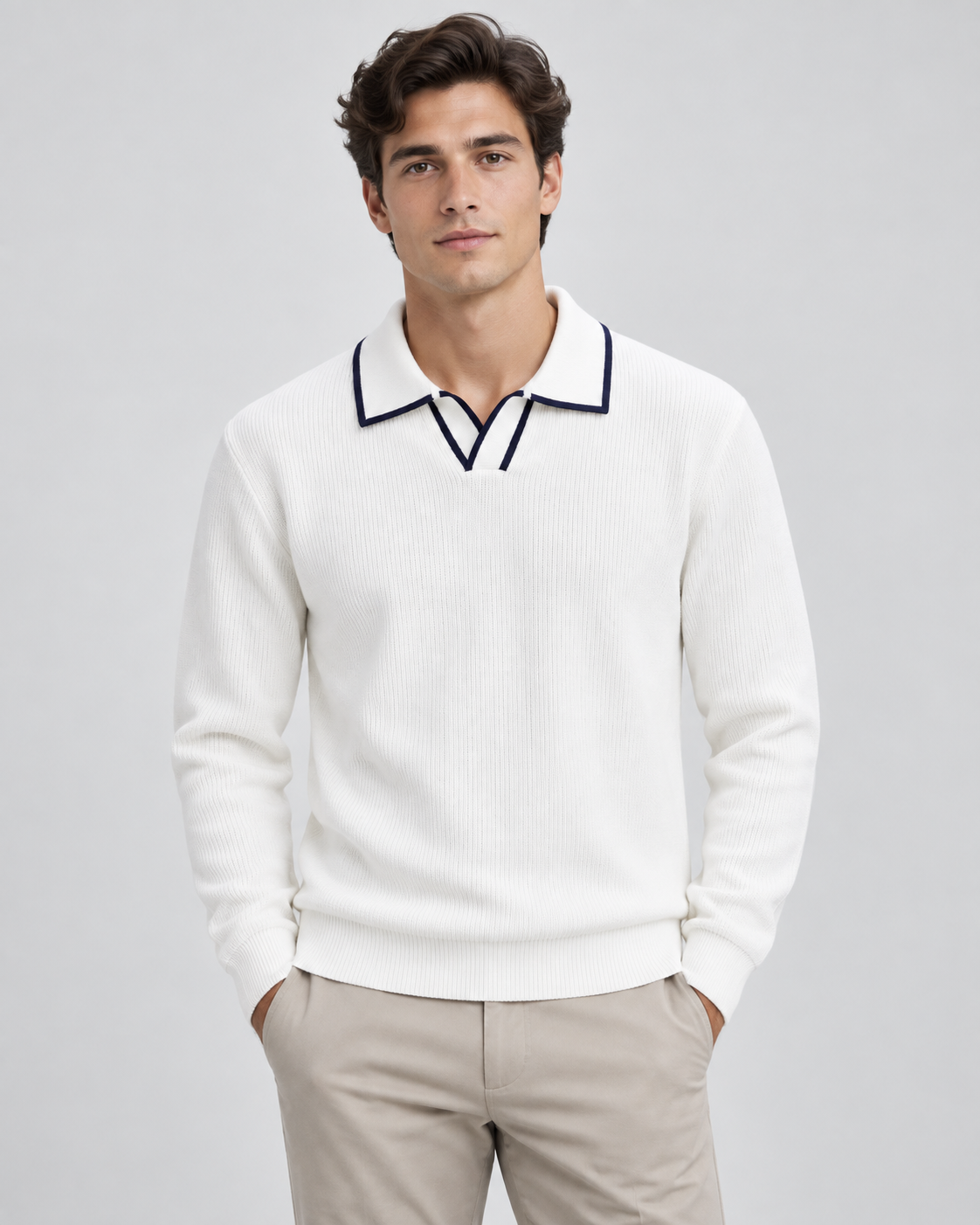 Men's ribbed knit polo sweater with open Johnny collar and contrast tipping