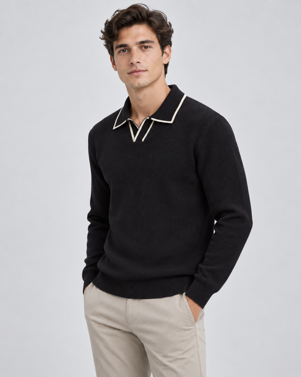 Men's ribbed knit polo sweater with open Johnny collar and contrast tipping - view 2