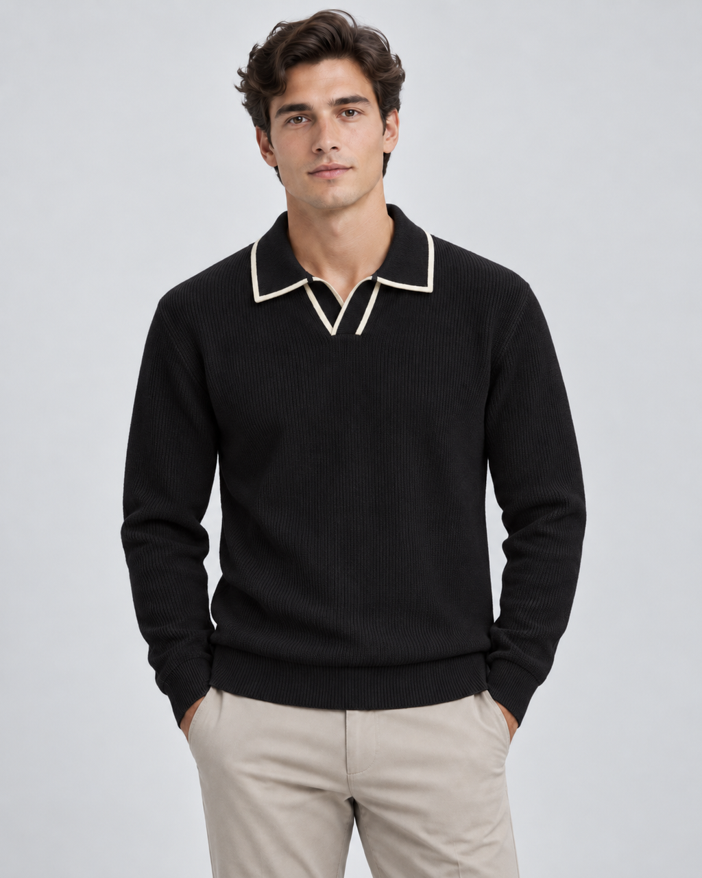 Men's ribbed knit polo sweater with open Johnny collar and contrast tipping - view 4