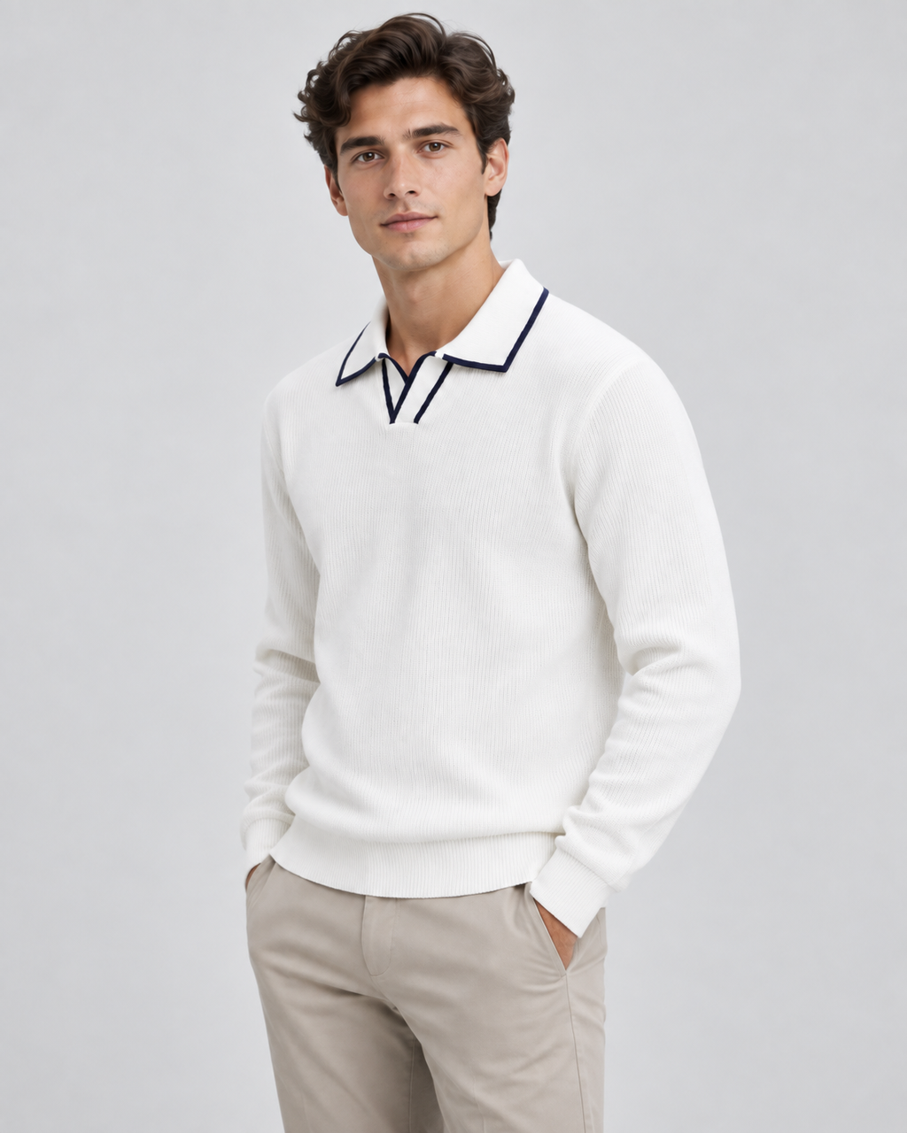 Men's ribbed knit polo sweater with open Johnny collar and contrast tipping - view 5