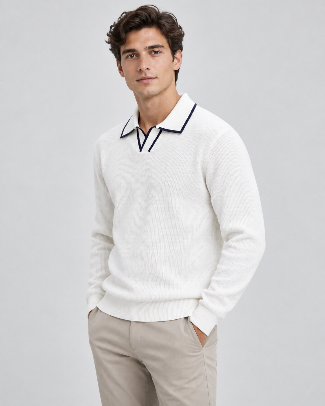 Men's ribbed knit polo sweater with open Johnny collar and contrast tipping - view 5