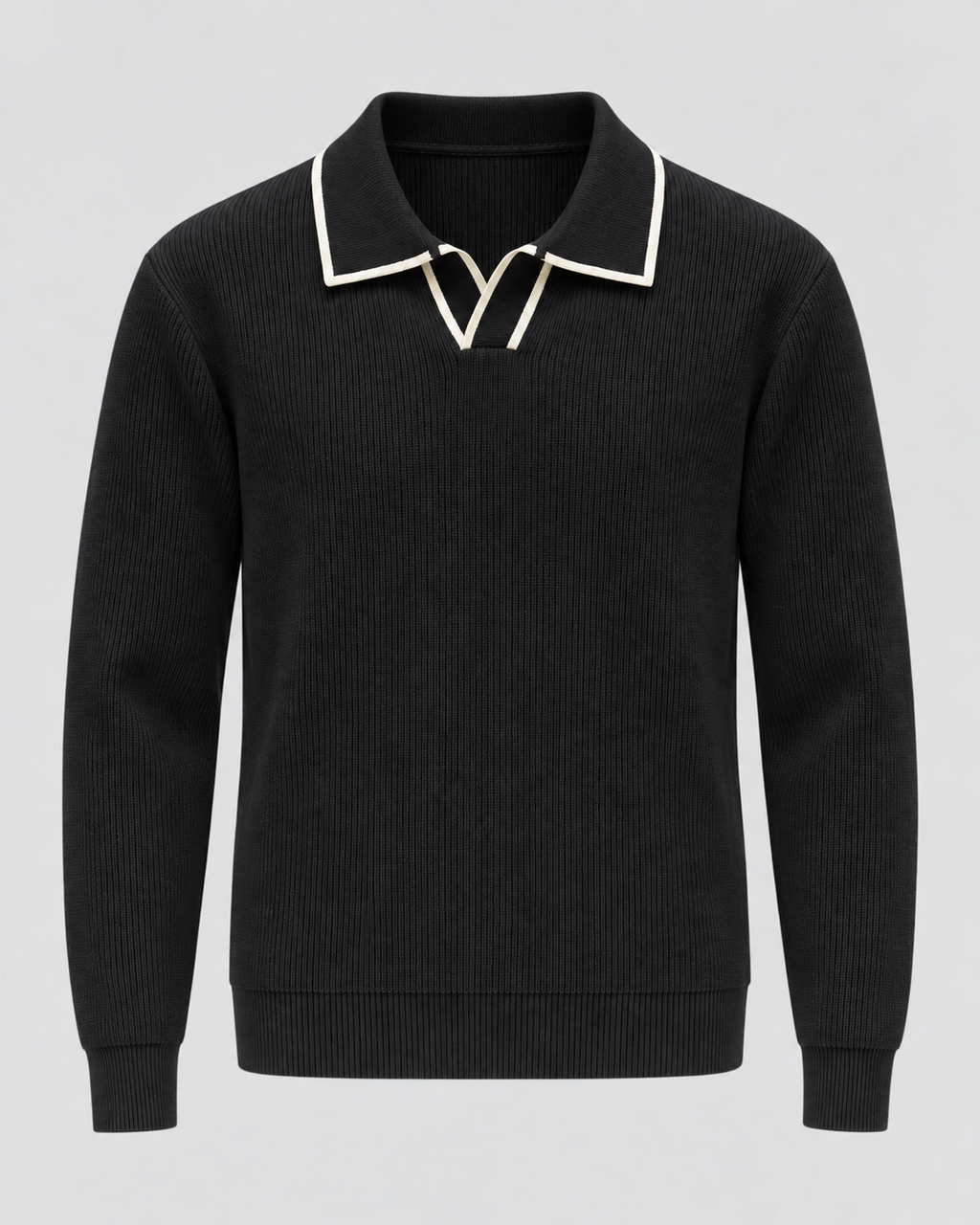Men's ribbed knit polo sweater with open Johnny collar and contrast tipping - view 9