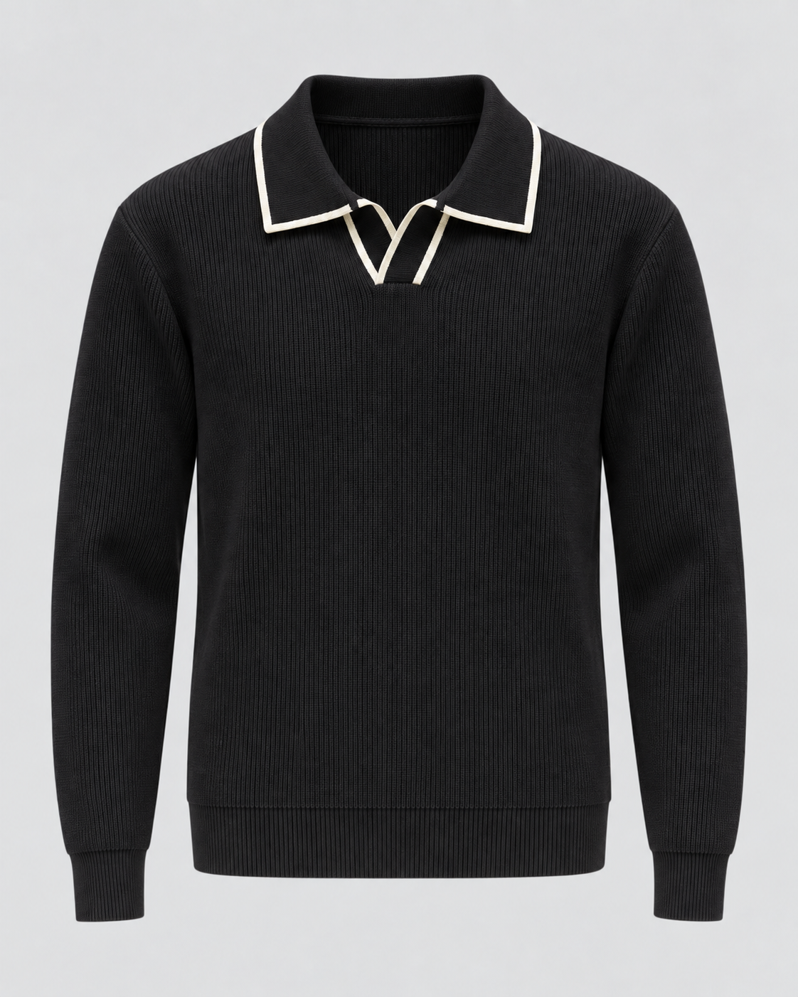 Men's ribbed knit polo sweater with open Johnny collar and contrast tipping - view 9