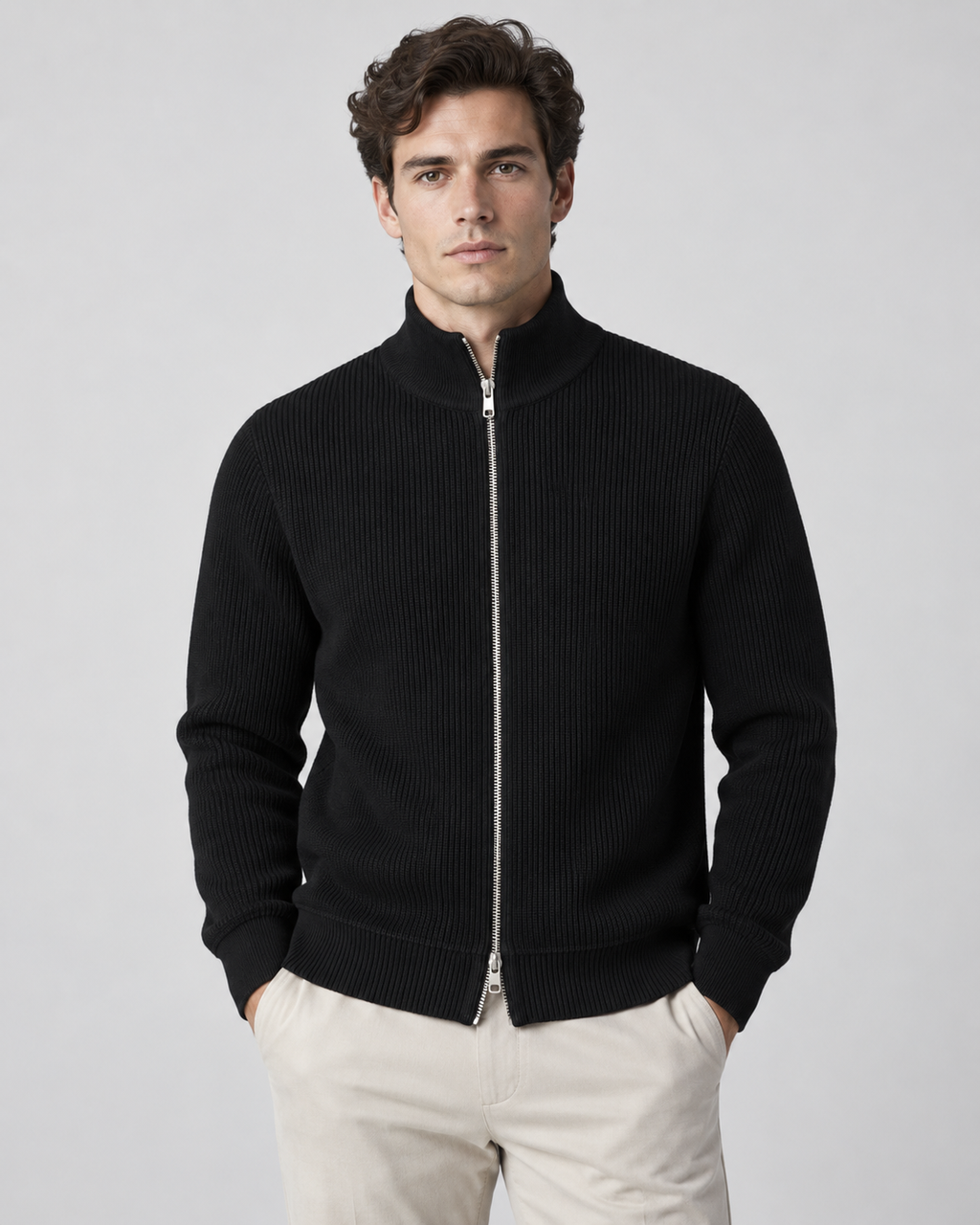 Men's ribbed knit zip up sweater with stand collar and silver-tone zip