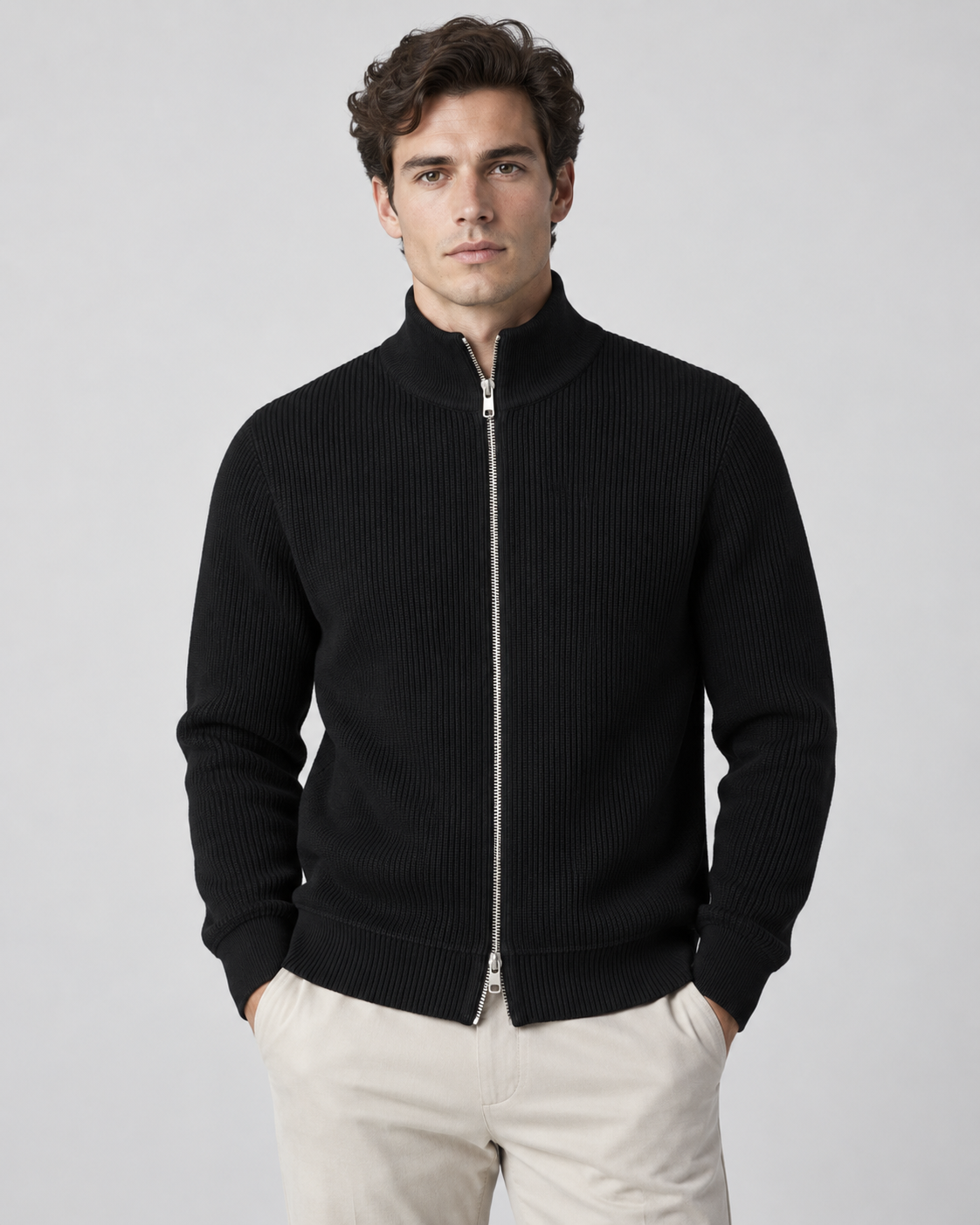 Men's ribbed knit zip up sweater with stand collar and silver-tone zip