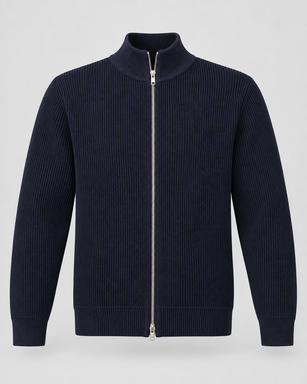 Men's ribbed knit zip up sweater with stand collar and silver-tone zip - view 10