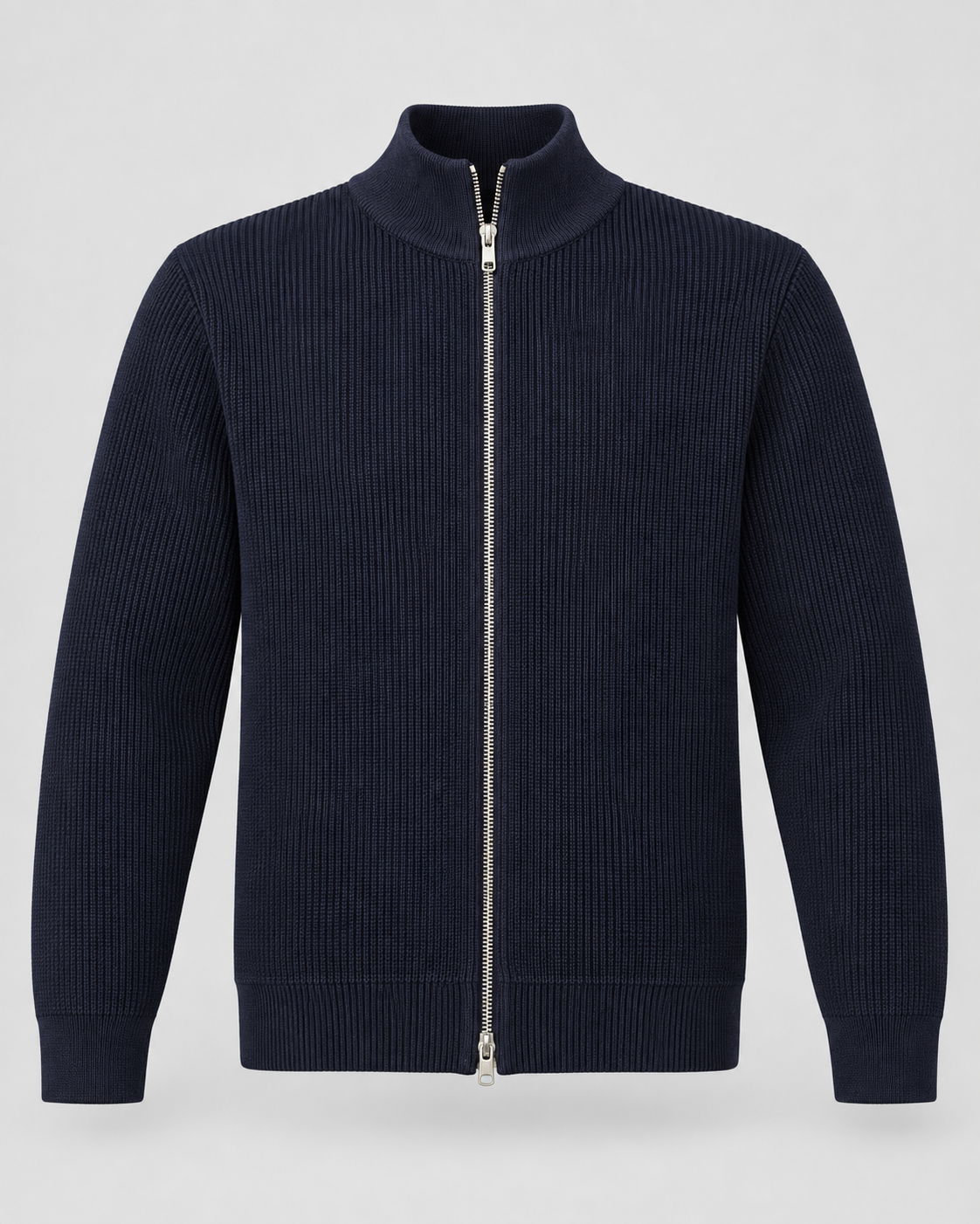 Men's ribbed knit zip up sweater with stand collar and silver-tone zip - view 10