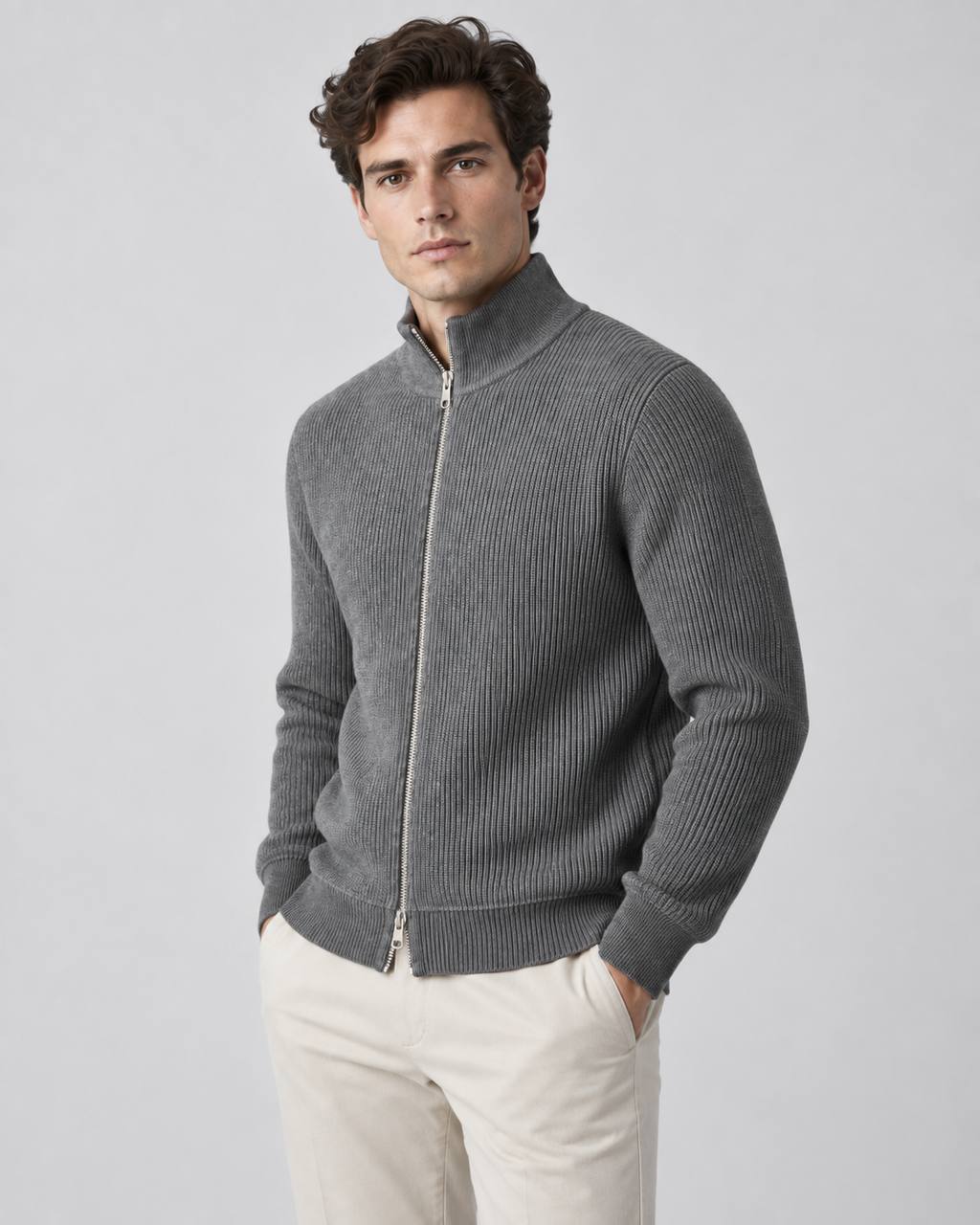 Men's ribbed knit zip up sweater with stand collar and silver-tone zip - view 2