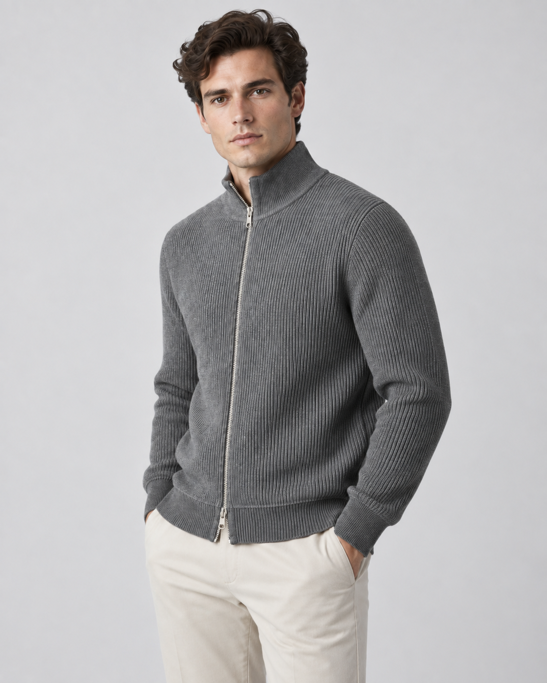 Men's ribbed knit zip up sweater with stand collar and silver-tone zip - view 2
