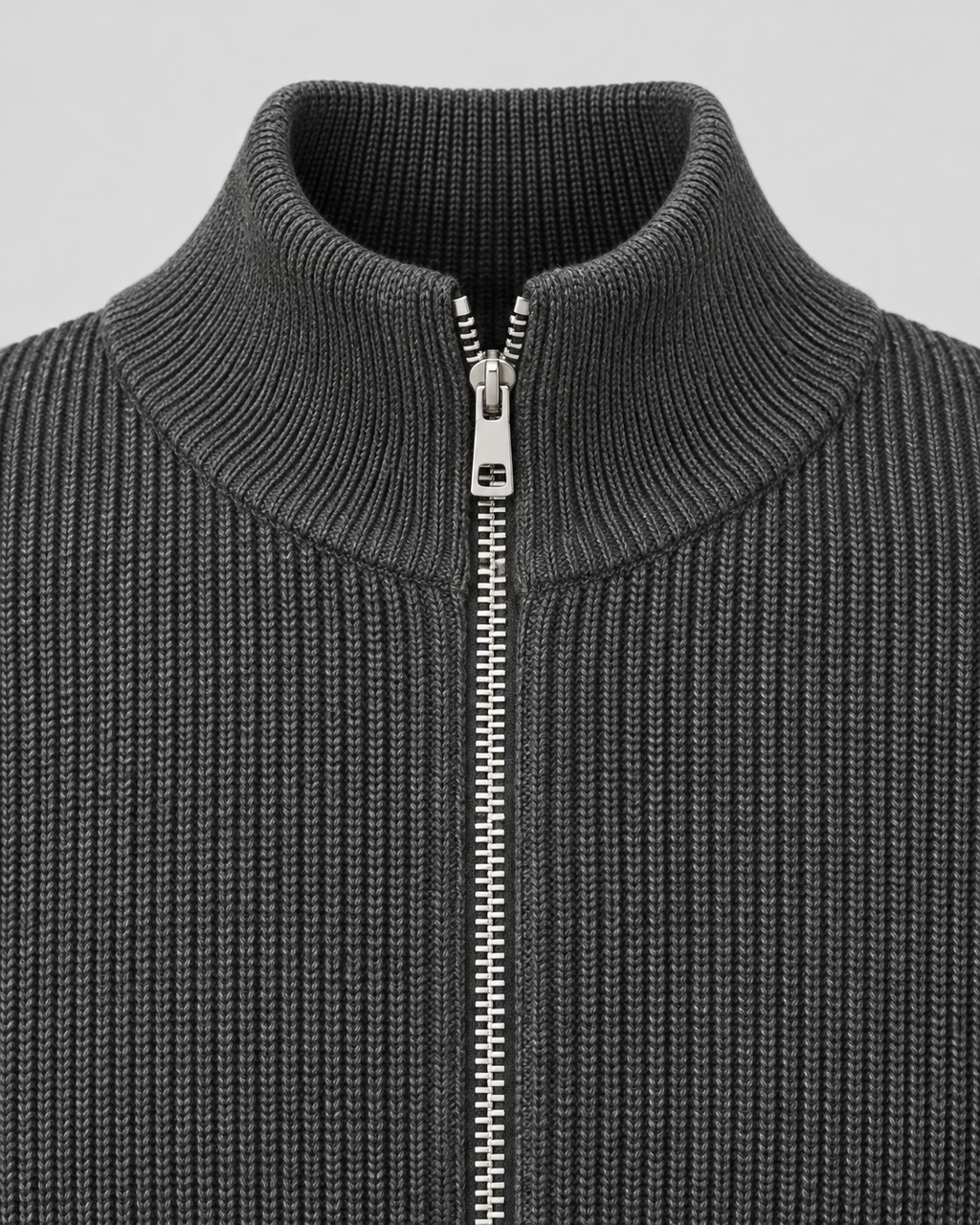 Men's ribbed knit zip up sweater with stand collar and silver-tone zip - view 3