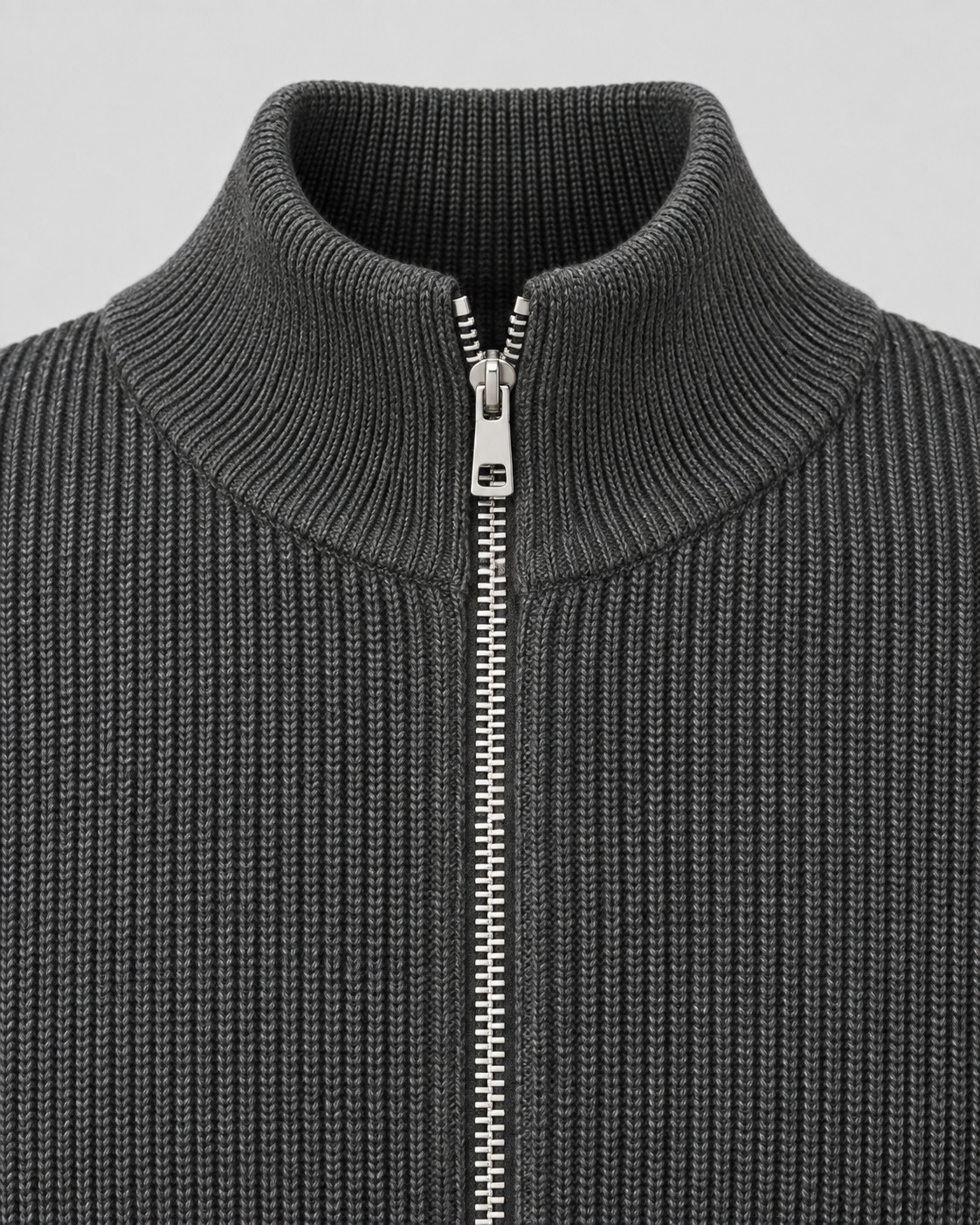 Men's ribbed knit zip up sweater with stand collar and silver-tone zip - view 3