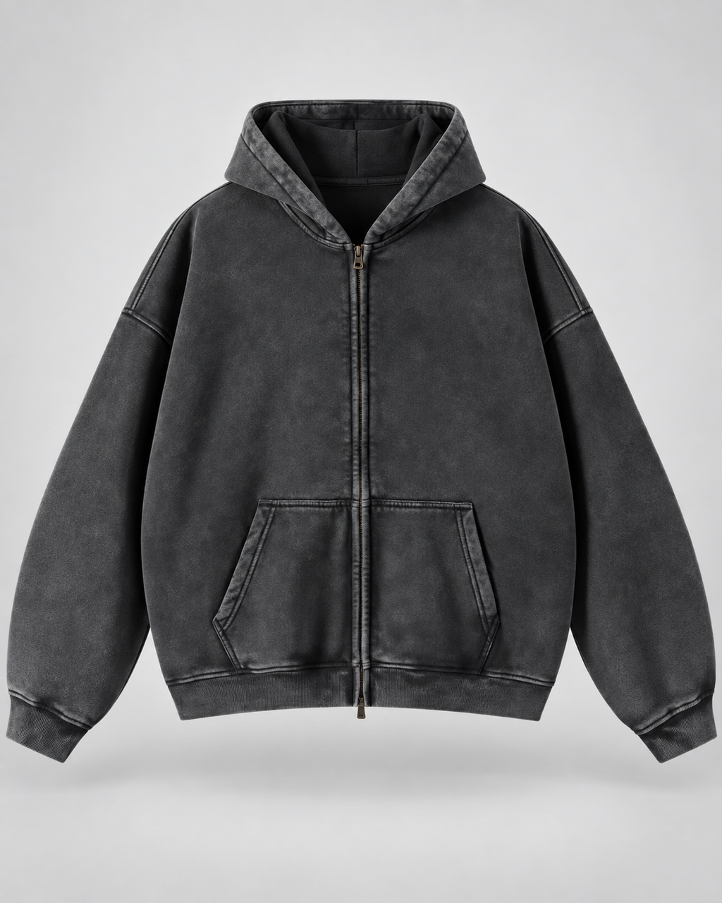 Man wearing an oversized washed zip up hoodie with kangaroo pocket and ribbed cuffs - view 10