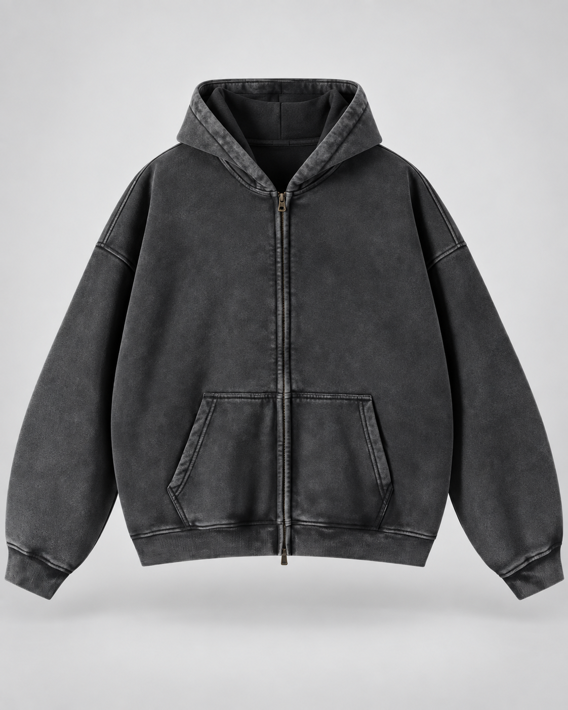 Man wearing an oversized washed zip up hoodie with kangaroo pocket and ribbed cuffs - view 10