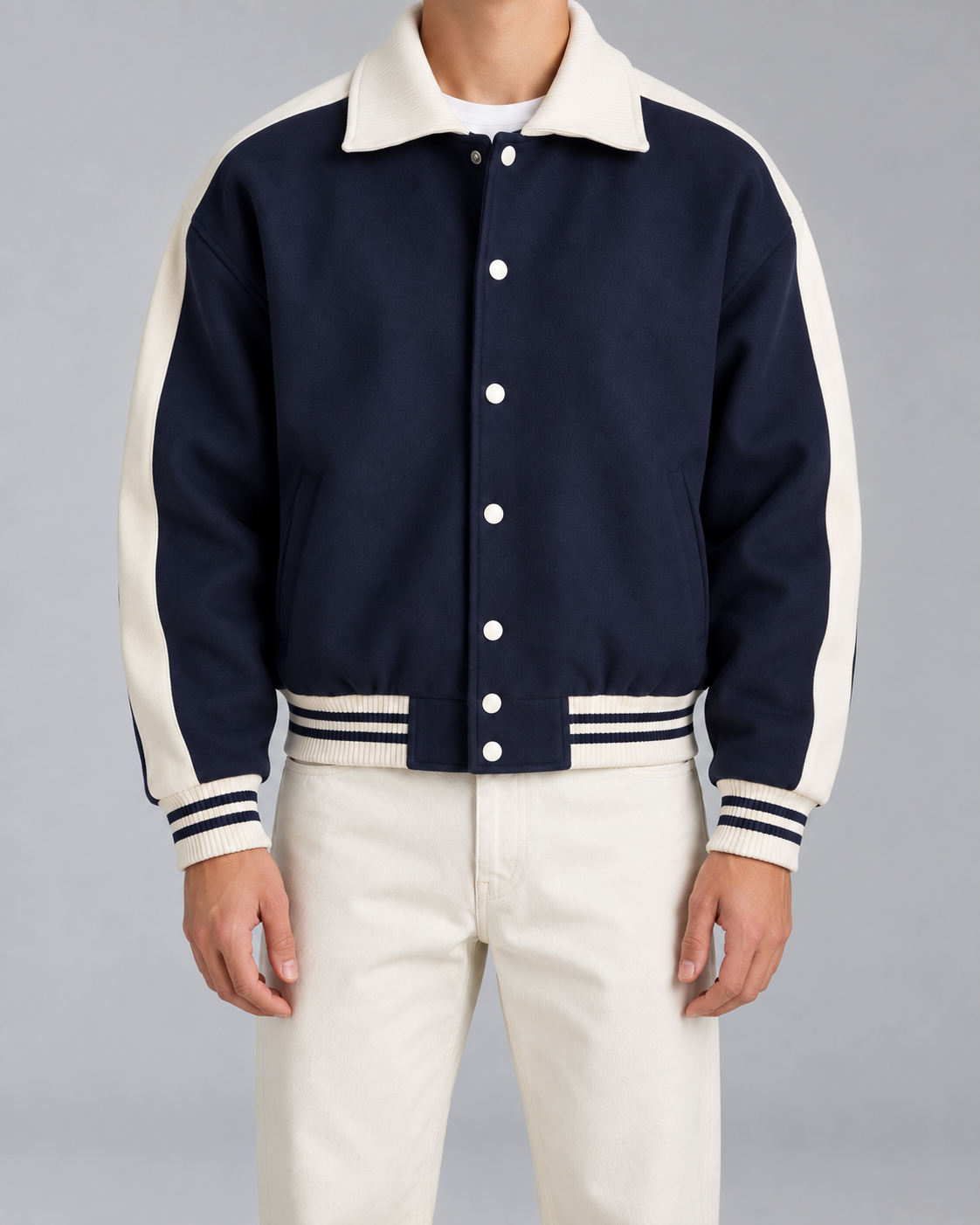 Men's navy varsity jacket with cream sleeve stripes, ribbed collar and striped cuffs
