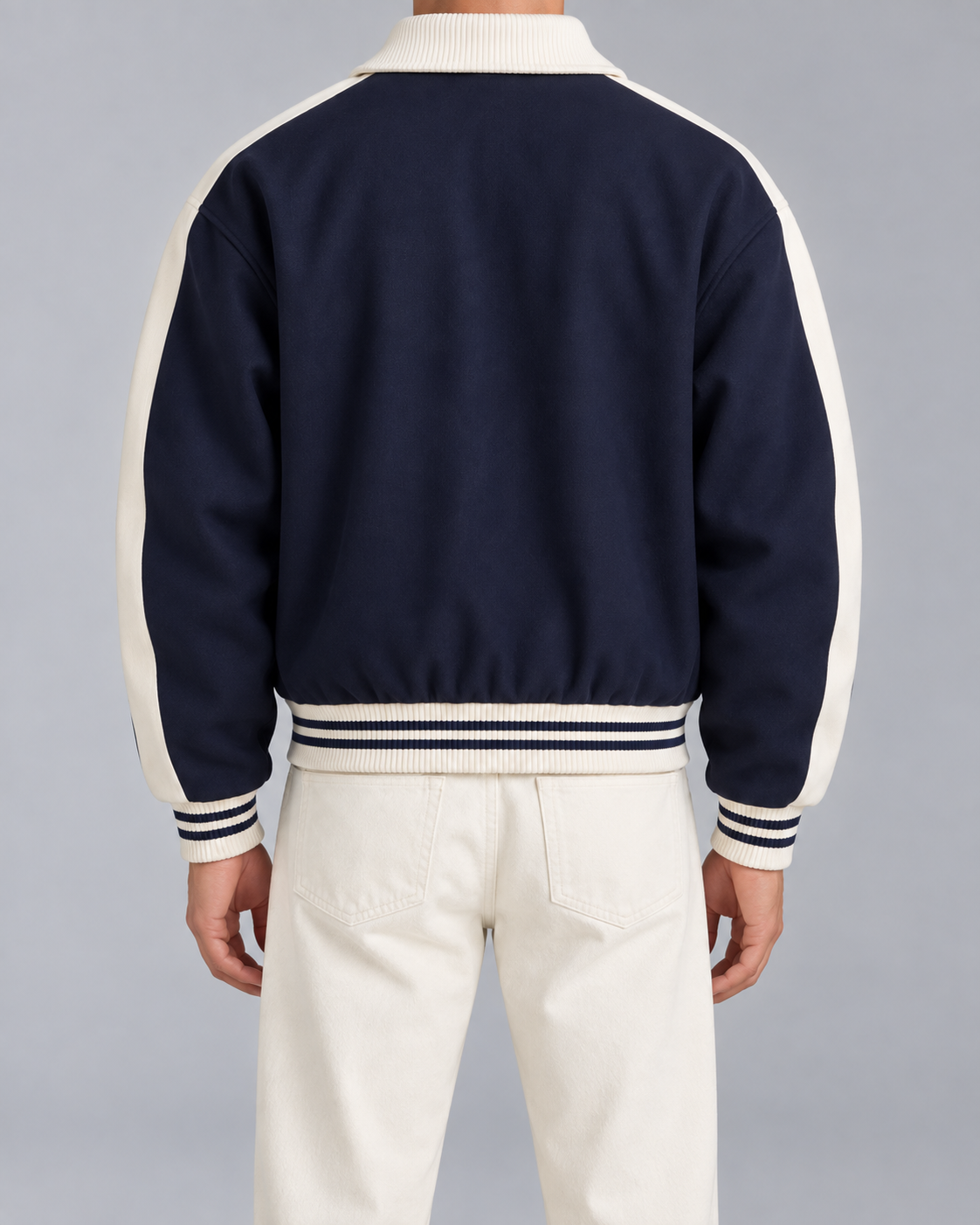 Men's navy varsity jacket with cream sleeve stripes, ribbed collar and striped cuffs - view 2