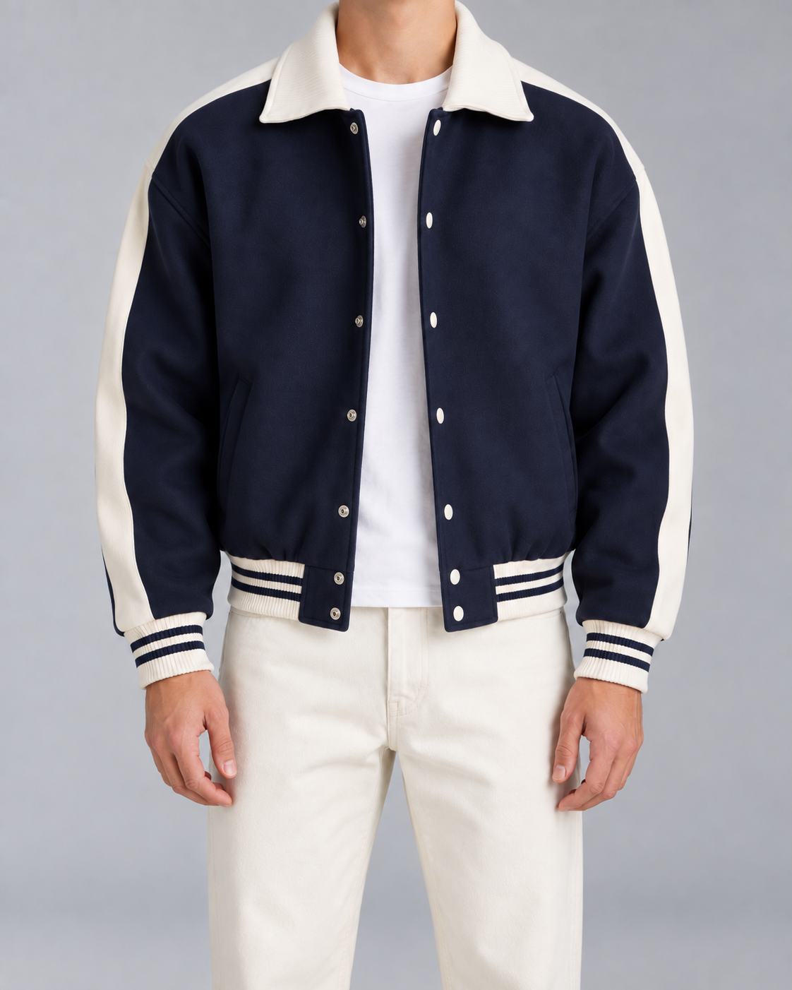 Men's navy varsity jacket with cream sleeve stripes, ribbed collar and striped cuffs - view 3