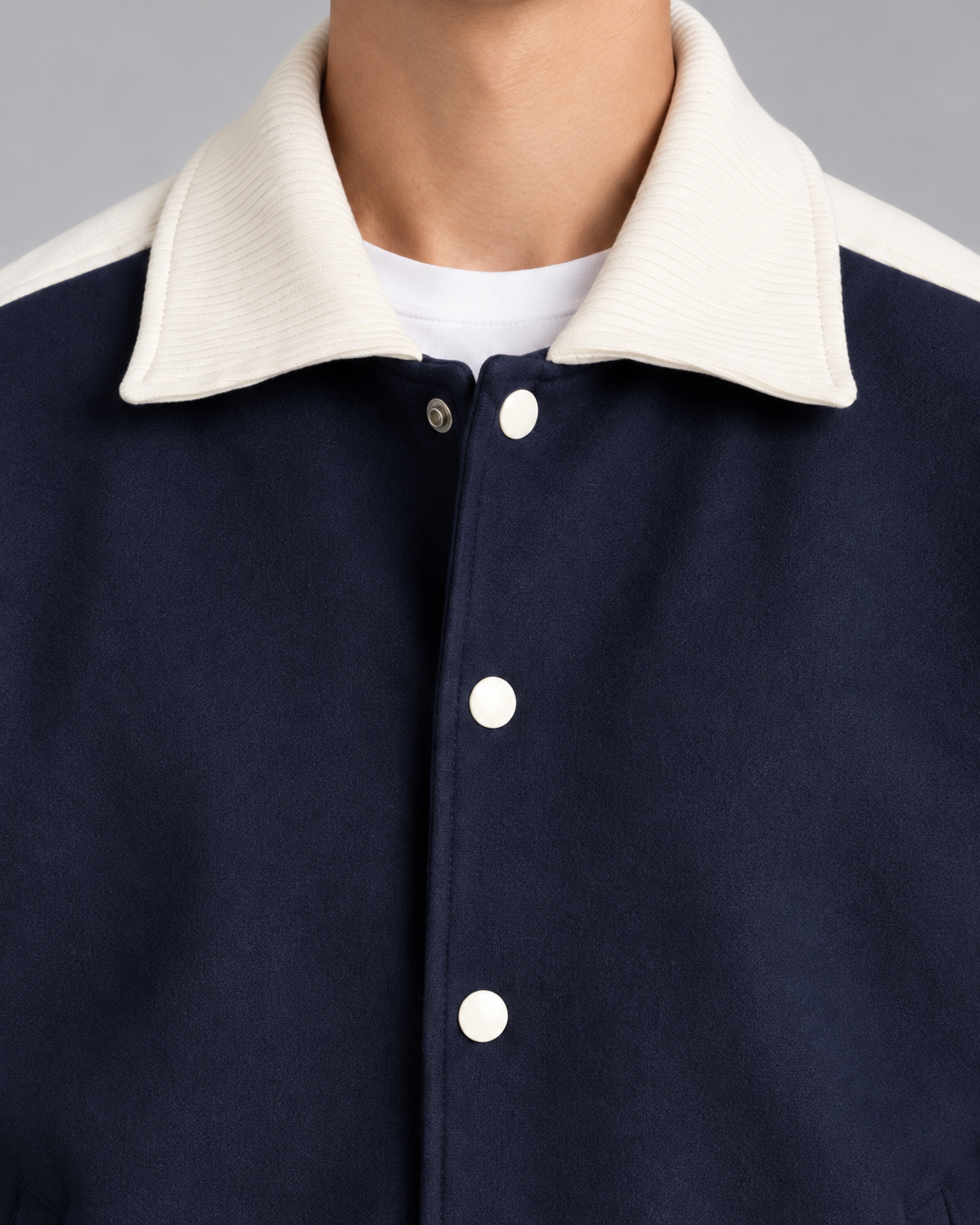 Men's navy varsity jacket with cream sleeve stripes, ribbed collar and striped cuffs - view 4