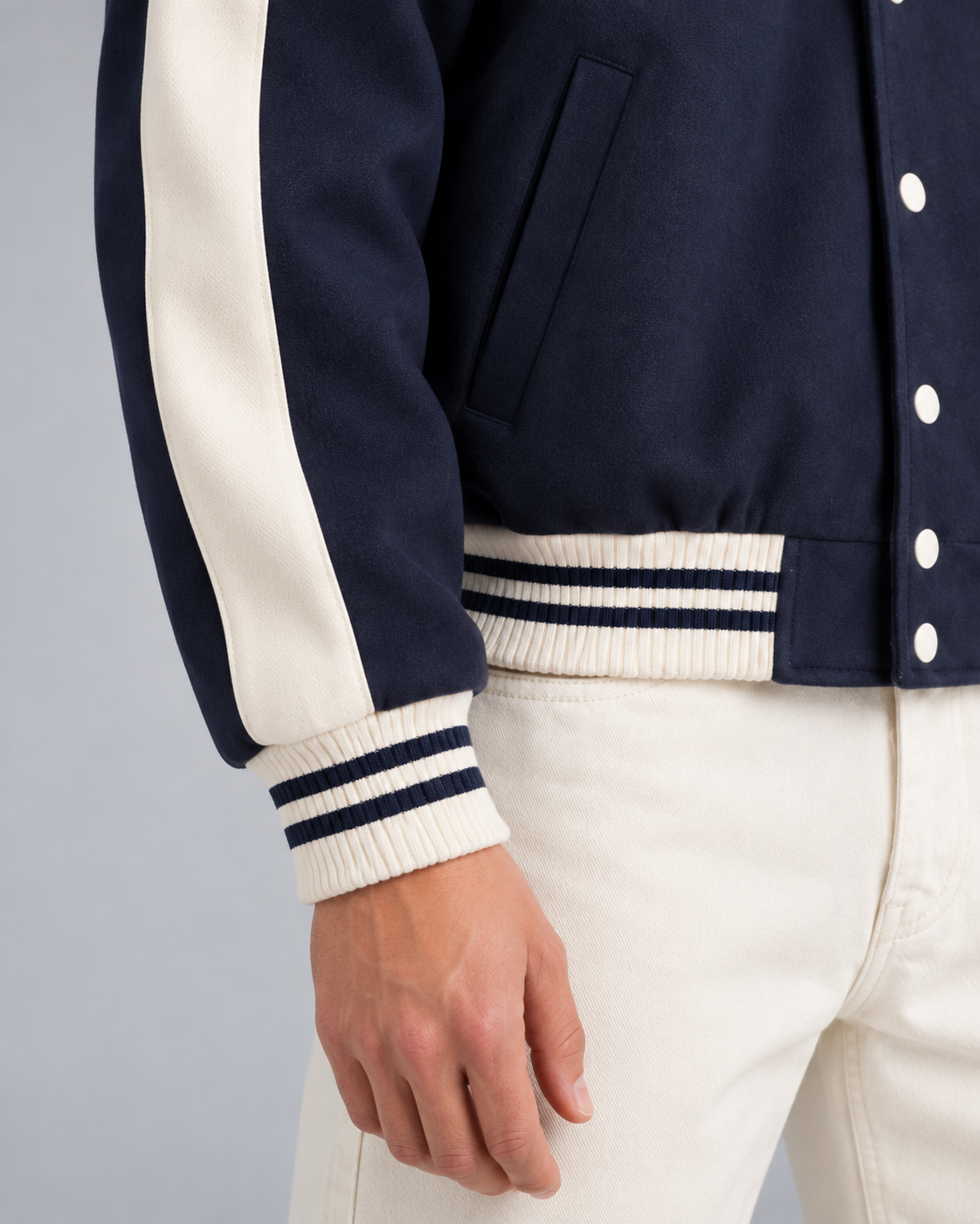 Men's navy varsity jacket with cream sleeve stripes, ribbed collar and striped cuffs - view 5