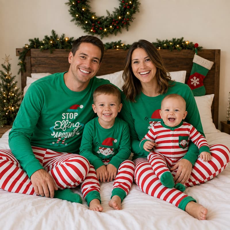 Matching Christmas pajamas set with green elf top and red white striped pants