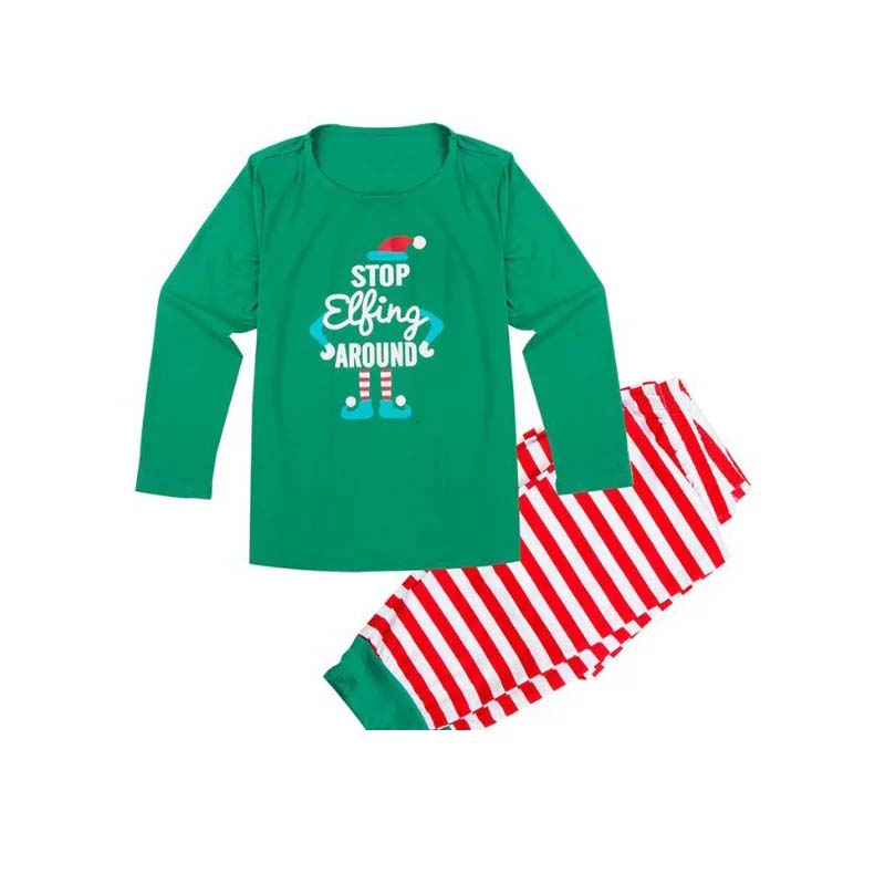 Matching Christmas pajamas set with green elf top and red white striped pants - view 10