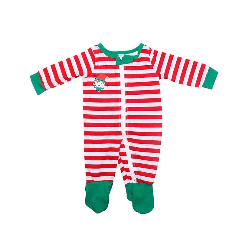 Matching Christmas pajamas set with green elf top and red white striped pants - view 11
