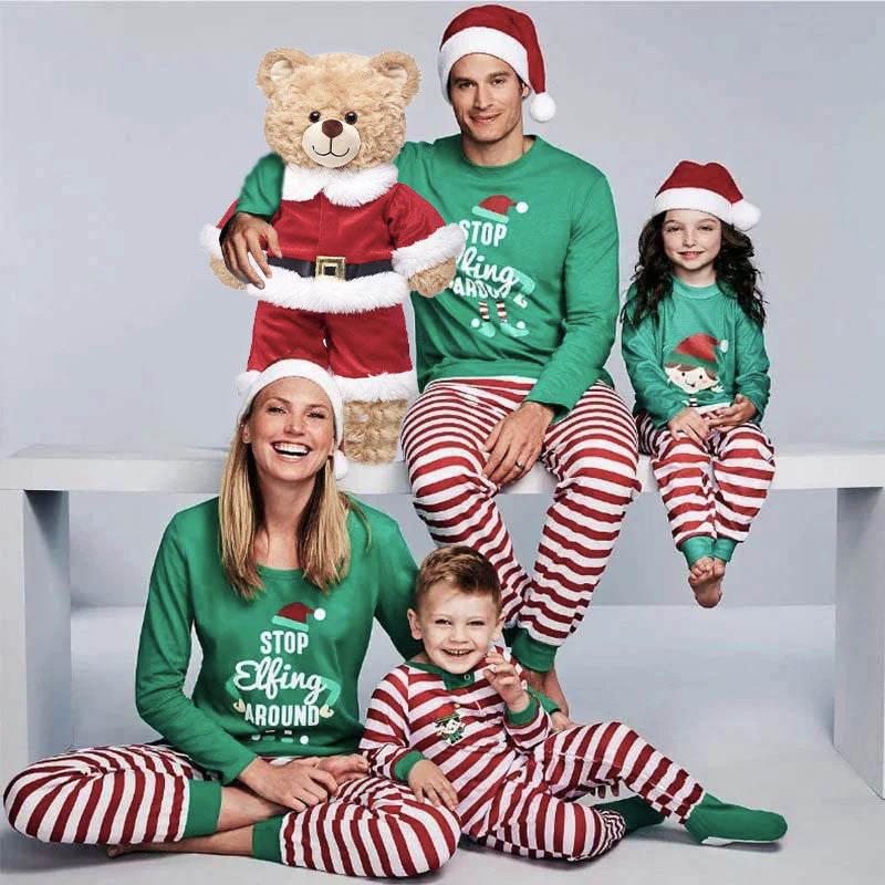 Matching Christmas pajamas set with green elf top and red white striped pants - view 2